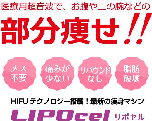 医療用超音波で部分痩せ・脂肪破壊・リバウンドなし・痛みが少ない・メス不要・HIFUテクノロジー搭載!最新の痩身マシン リポセル